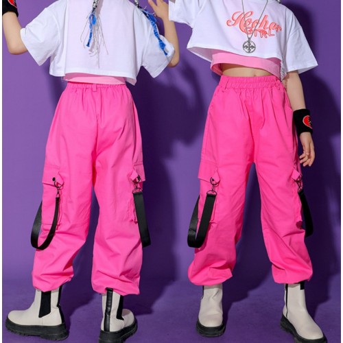 Girls hot pink street cargo pants, Rapper singers hiphop dance performance costumes for Children, gogo dancers jazz dance long trousers for kids